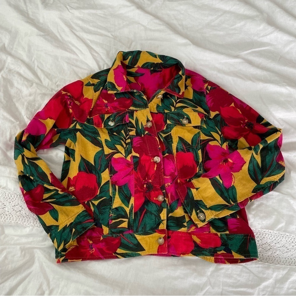 Jones New York LARGE Linen Blend Tropical Floral Jacket Long sleeve cropped